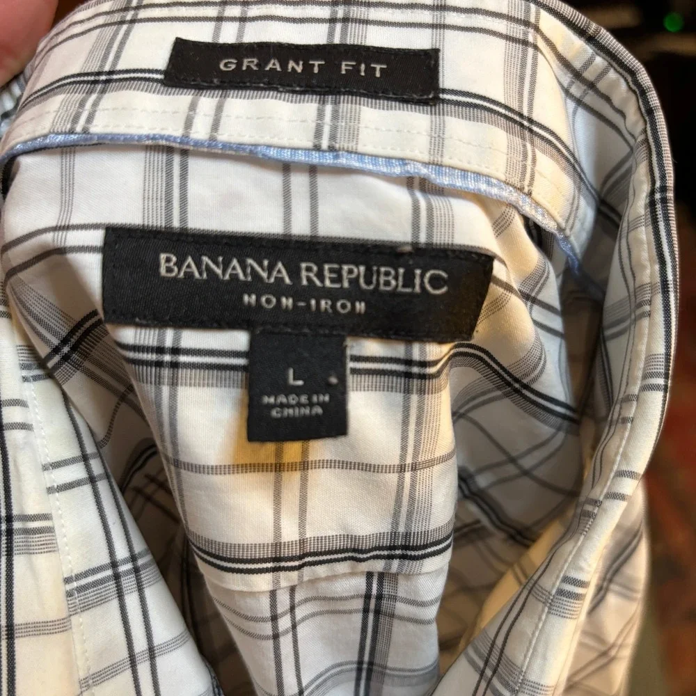 Banana Republic Mens Grant Fit Non-Iron Dress Shirt White Plaid Large 16-16.5